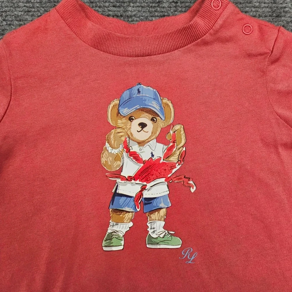 Ralph Lauren Polo Bear T-Shirt Baby 3M Red Lobster Graphic Cotton Tee NWT